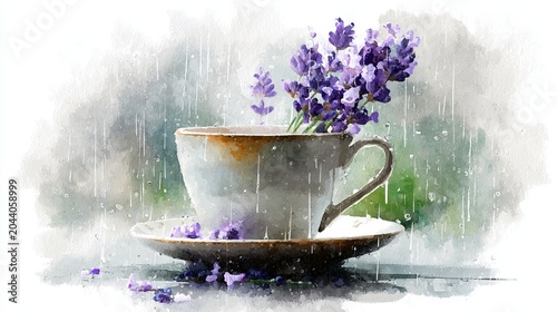 A watercolor-style image of a rustic cup filled with vibrant lavender flowers, set against a soft, rainy window background.