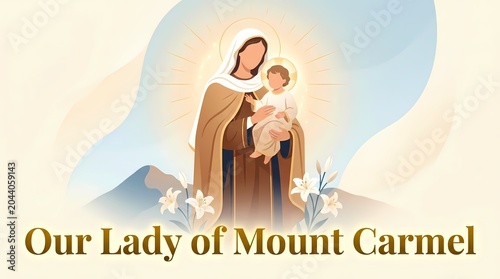 Our lady of mount carmel with baby jesus and lilies, religious illustration