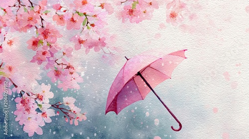 Pink cherry blossoms bloom beside a falling pink umbrella in a soft, pastel watercolor scene with a gentle rain effect.