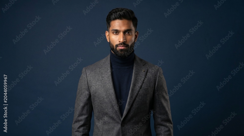 Fototapeta premium Man in gray suit standing against dark background