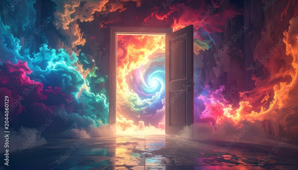 Obraz premium An open doorway leading into a swirling colorful vortex of celestial energy, set within an surreal abstract indoor environment with vivid clouds representing deep inner emotion and imagination.