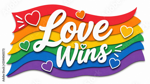 Love wins message with rainbow colors and heart shapes celebrates pride month with vibrant joyful design and positive emotion