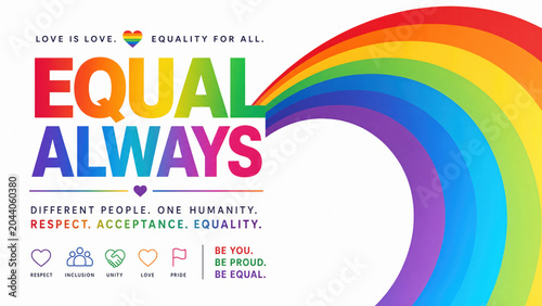 Equal always message with rainbow colors and pride month theme promoting equality respect and acceptance for all people with love and unity