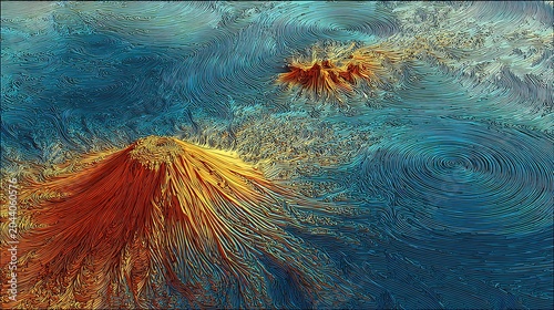 Vibrant red and yellow sea anemone in deep blue ocean water