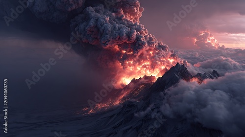 Volcanic eruption at night with glowing lava and ash cloud
