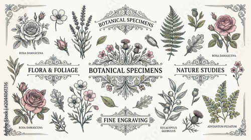Φωτογραφία Vintage Botanical Illustrations: Flowers, Leaves, Ferns, Thistles - Engraved Sty