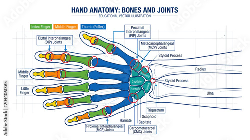 Konstfotografi Hand Anatomy: Bones and Joints Educational Vector Illustration