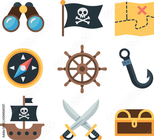 Принти на полотні Pirate adventure icons with treasure chest map ship and jolly roger flag