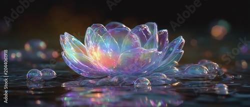 Iridescent lotus flower floating on water.
