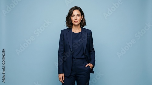 Woman in business suit standing against blue background