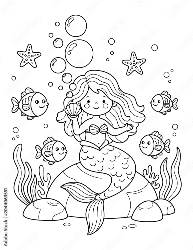 Obraz premium Mermaid cheerful ocean princess sitting on a coral rock with friendly fish coloring page for kids