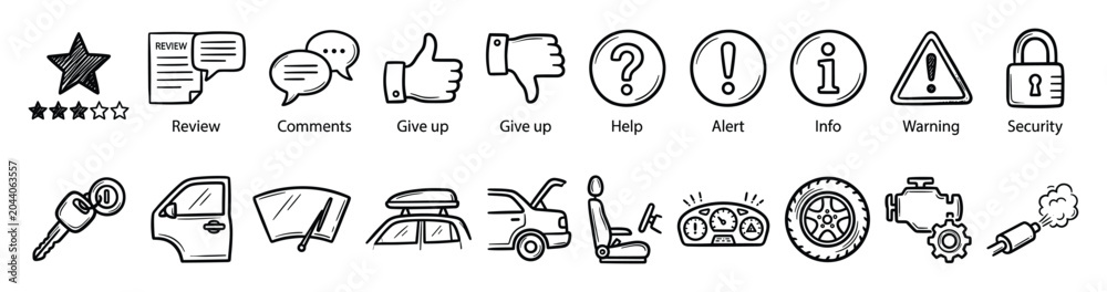 Fototapeta premium Hand drawn icon set. Doodle sketch interface, feedback, reviews, warnings, automotive parts symbols. UI, car, ratings, alerts, help, security vector.