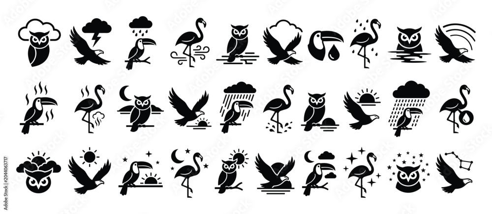 Fototapeta premium Bird and weather icons set. Owl, eagle, toucan, flamingo symbols, with sun, moon, rain, storm, wind, sky elements. Nature, climate, avian pictograms, web, app, UI.