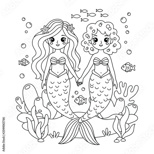 Billede på lærred Mermaid adorable ocean sisters holding hands among colorful coral reefs in a de