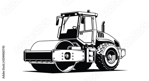 Black and white line art illustration depicts a heavy road roller construction vehicle used for paving asphalt and compacting soil.