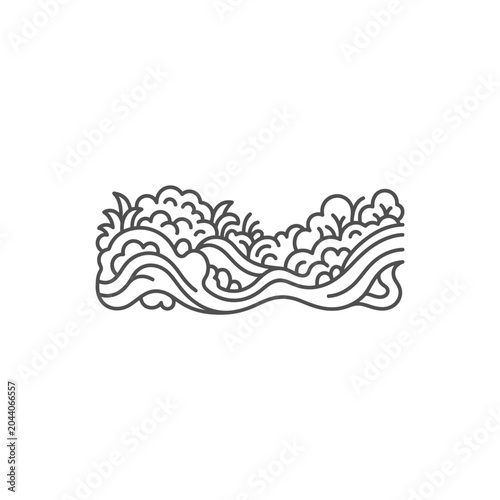 Horizontal line art landscape of rolling hills and foliage.