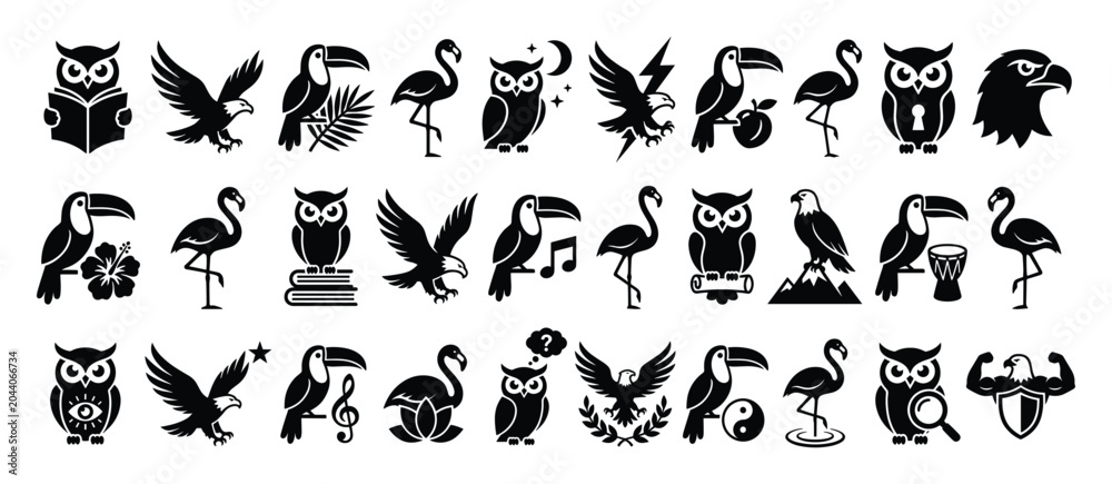 Obraz premium Set of bird icons. Owls, eagles, toucans, flamingos. Wisdom, strength, tropical, elegance symbols. Glyph, pictogram, silhouette collection.