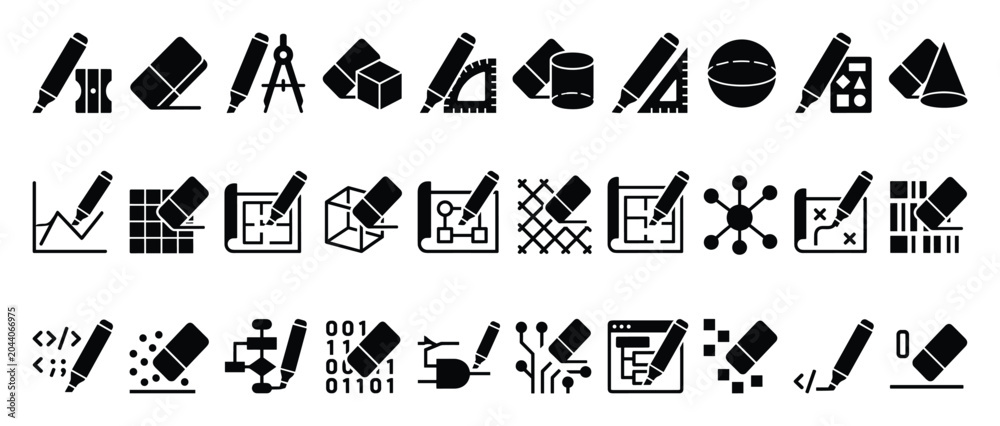 Naklejka premium Set of engineering and design icons. Drawing, drafting, mathematics, architecture, programming, education tools symbols. Geometric shapes, blueprints, code, and circuit concepts.