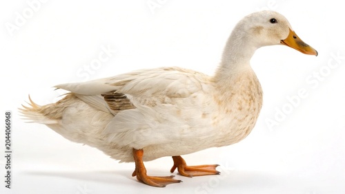White domestic goose and white duck isolated on white background
