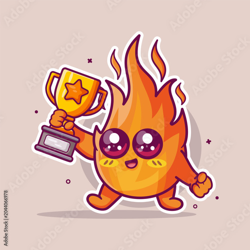 Cute fire flame cartoon character mascot holding a golden trophy. Victory, top performance, and high passion success concept illustration