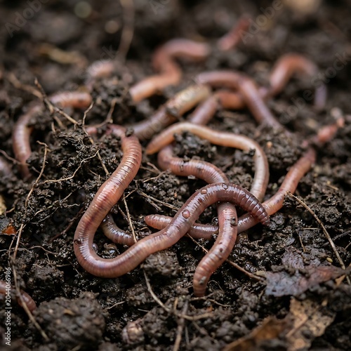 Earthworms moving through moist garden soil with natural debris