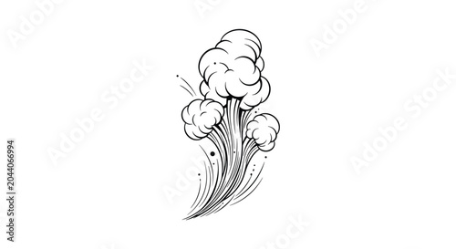 Artistic hand drawn ink sketch of a rising smoke or steam cloud with fine lines and dots on a plain white background.