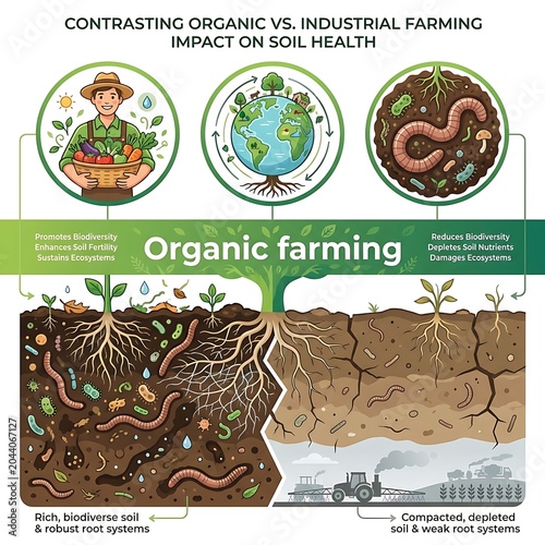 Organic Versus Industrial Farming Effects On Soil Health Comparison Infographic
