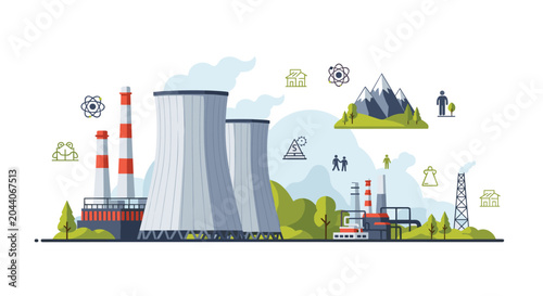 Industrial landscape featuring a nuclear power plant with large cooling towers and smokestacks set among green hills and mountains.