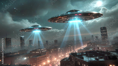 Futuristic UFO with bright laser energy beams flying above modern city in  dramatic cloudy sky