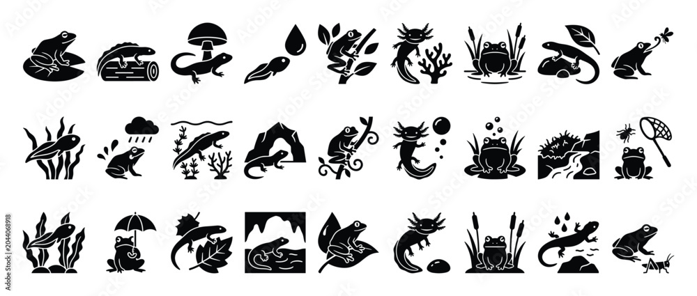 Obraz premium Set of amphibian icons. Frogs, newts, salamanders, axolotls, tadpoles symbols. Wildlife, nature, pond, swamp, ecosystem glyphs. Biology, ecology, environment pictogram set.