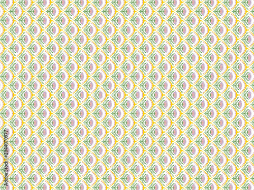 A cheerful and elegant seamless repeat pattern combining a classic scallop ogee lattice framework in bright sunny yellow with intricate botanical floral motifs inside each cell.