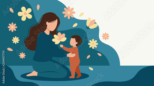 Photos Flat design illustration of a loving mother and child interacting with a flower