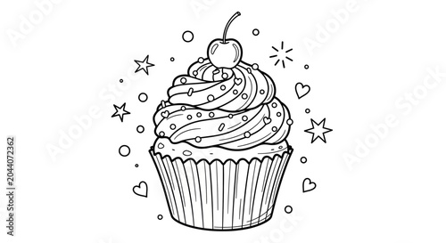 Fotografie Hand-drawn cupcake illustration with cherry and sprinkles, black and white line