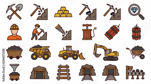 Принти на полотні Mining industry flat line icons set, including tools, machinery, and resources