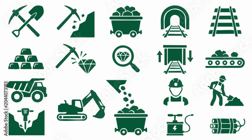 Tableau sur toile Mining Industry Vector Icons: Tools, Equipment, Machinery, and Processes