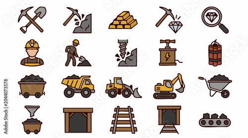 Tableau sur toile Mining industry icons set with tools, equipment, and minerals