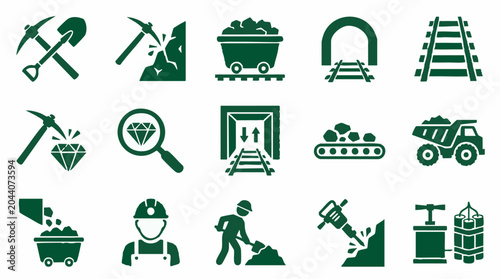 Bilde på lerret Mining industry and exploration icons set, mineral extraction symbols
