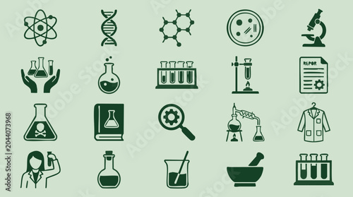 Photos Science and Laboratory Icons Set on Light Green Background