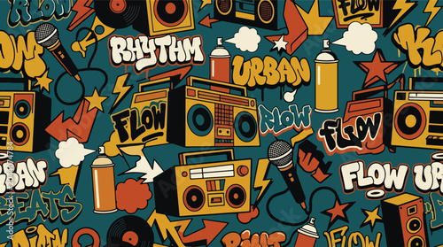 Flat style vector illustration of microphones, speakers, boomboxes, graffiti lettering, and music elements arranged in a colorful urban culture pattern