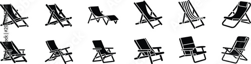 Collection of various folding deck chairs for beach vacation or garden relaxing isolated black silhouettes on a transparent gray grid background.