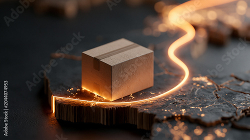 Cardboard Package on Dark Map Surface with Glowing Delivery Route Line