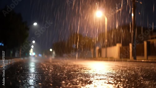 Rain Falling on a Dark, Wet Road at Night with Extended Streetlight Reflections