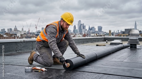 Construction worker in hard hat and safety vest installing roofing membrane on a city rooftop with skyline background