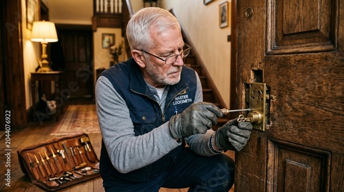 Experienced locksmith with tools repairing an old wooden door lock mechanism in a hallway