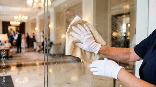 Hotel staff member wearing white gloves cleans a glass door with a cloth in a luxurious lobby with guests in the background