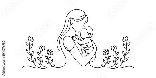 Foto Mother holding baby tenderly with flowers, simple line art illustration
