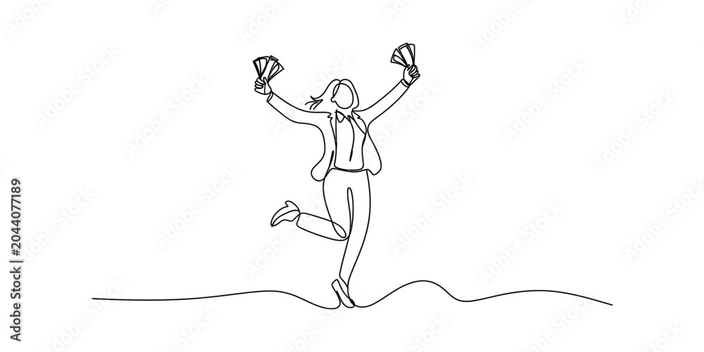 Fototapeta premium Businesswoman jumping with money in hands, celebrating success, continuous line drawing