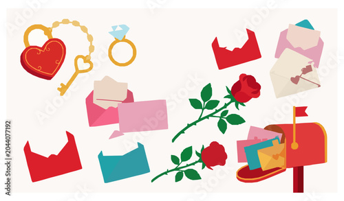 Tableau sur toile Romantic Valentine Symbols Collection with Love Letters Rose Ring and Heart Lock