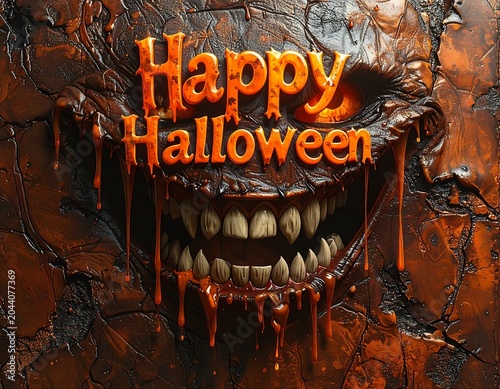 A close-up of a grotesque face with sharp teeth and a wide grin, surrounded by dark, cracked skin, with 