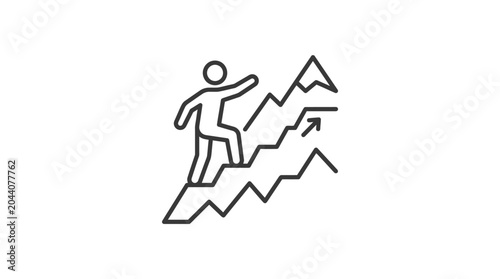 Person walking up a rising graph arrow towards mountains.